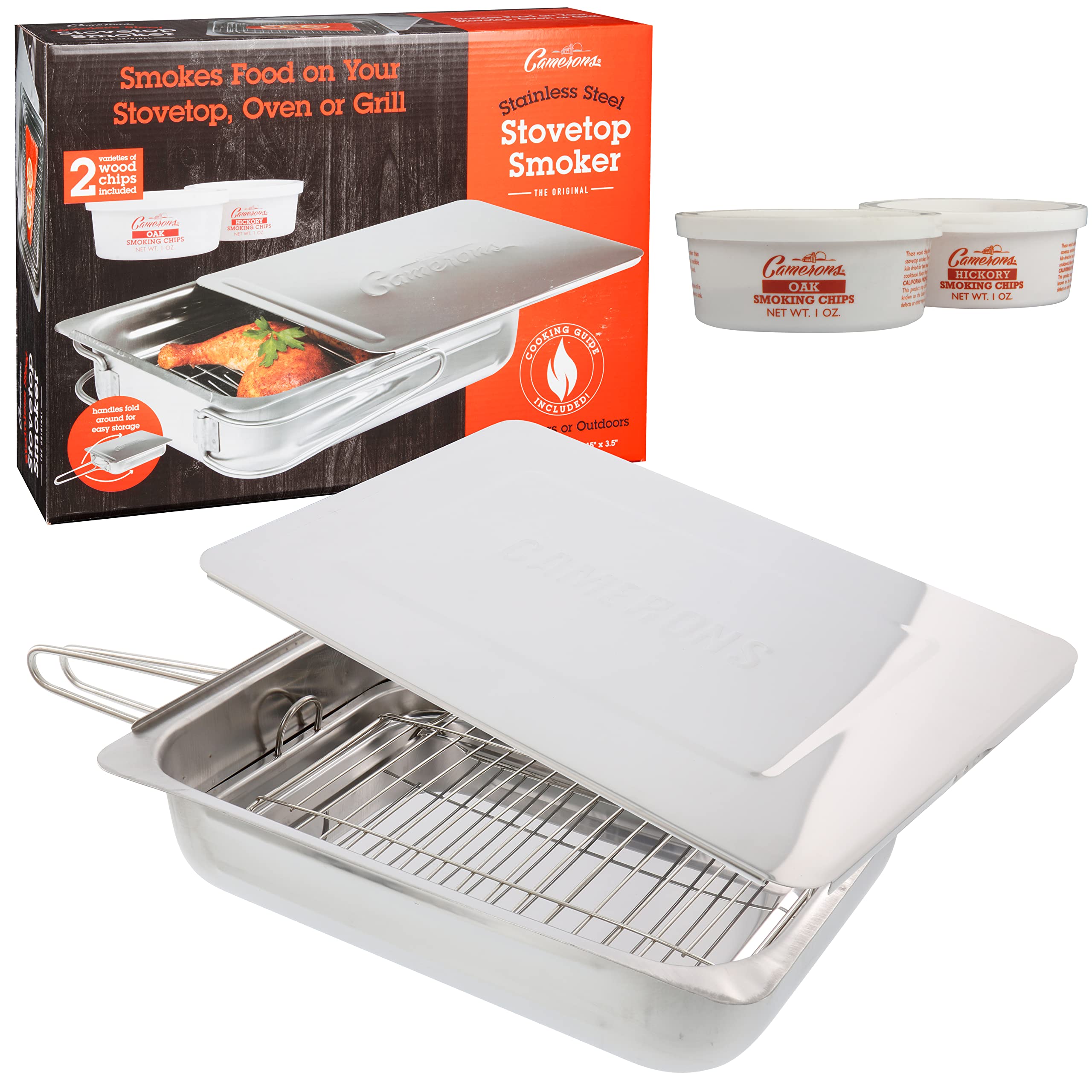 Camerons large stovetop smoker in stainless steel box for versatile indoor and outdoor smoking.