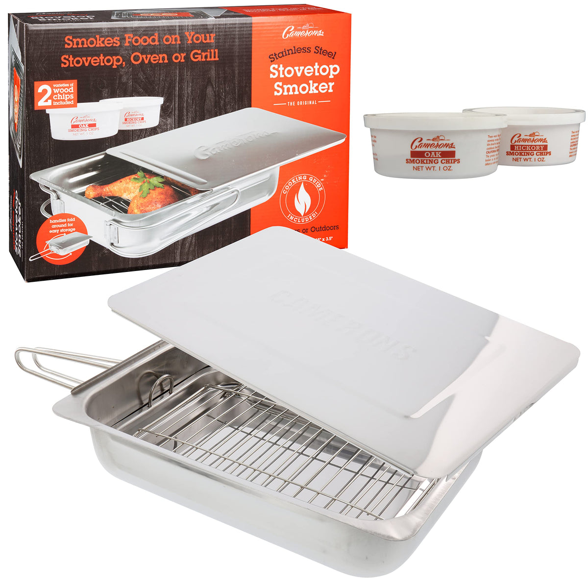 Camerons large stovetop smoker in stainless steel box for versatile indoor and outdoor smoking.