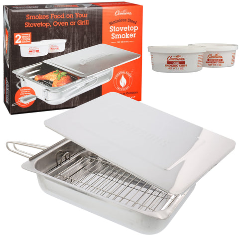 Camerons large stovetop smoker in stainless steel box for versatile indoor and outdoor smoking.