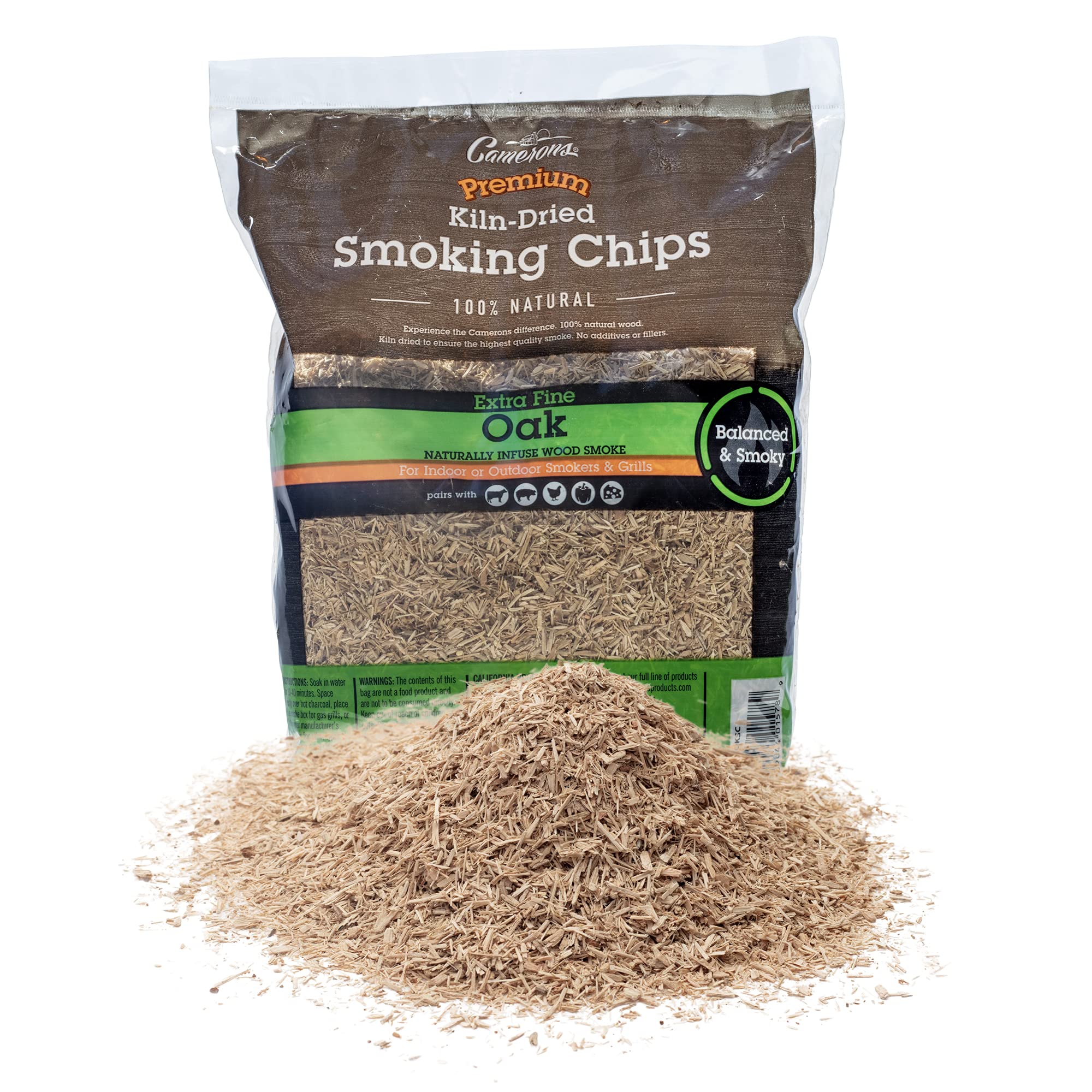 Camerons oak BBQ wood chips bag ready for quick, clean burning and subtle smoke