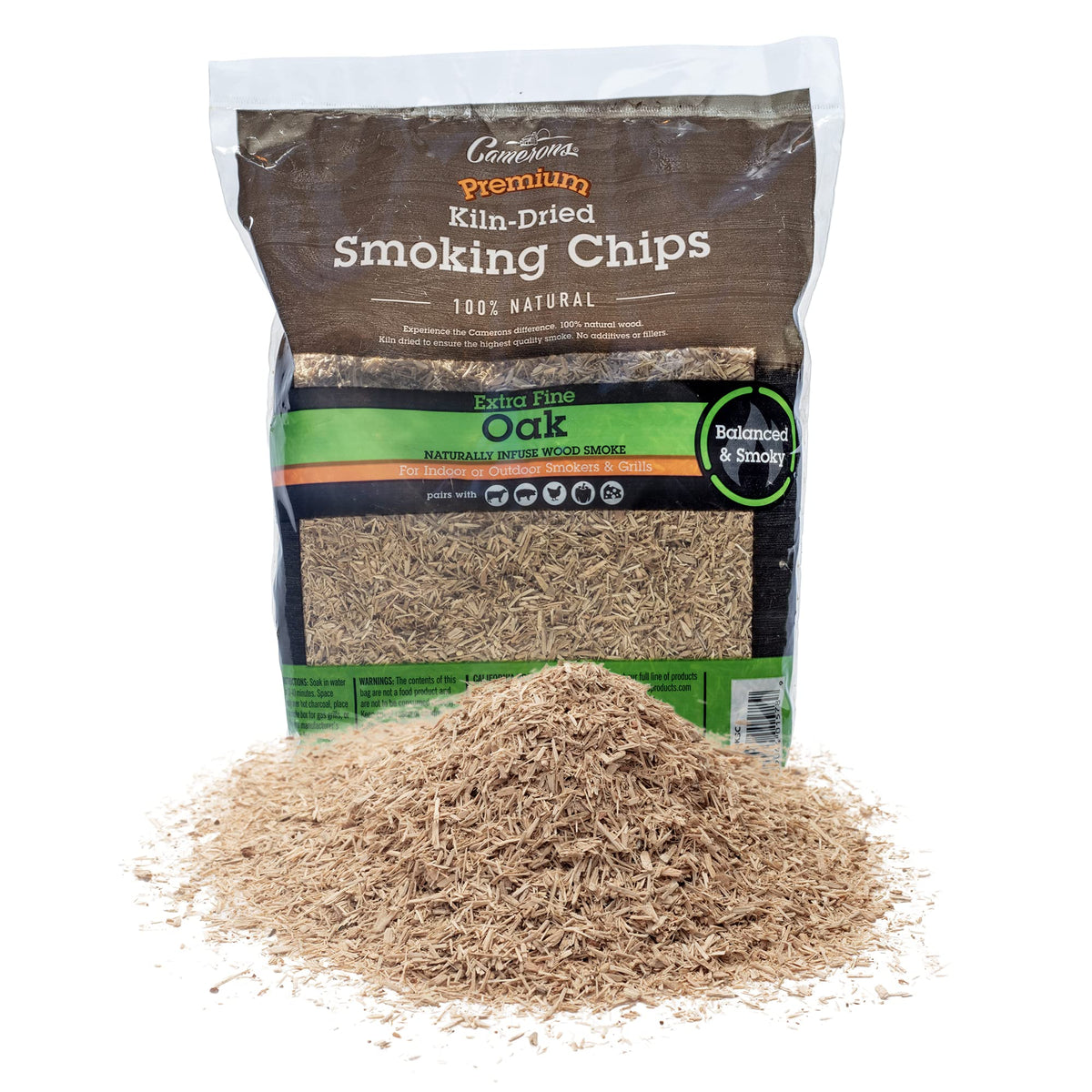 Camerons oak BBQ wood chips bag ready for quick, clean burning and subtle smoke