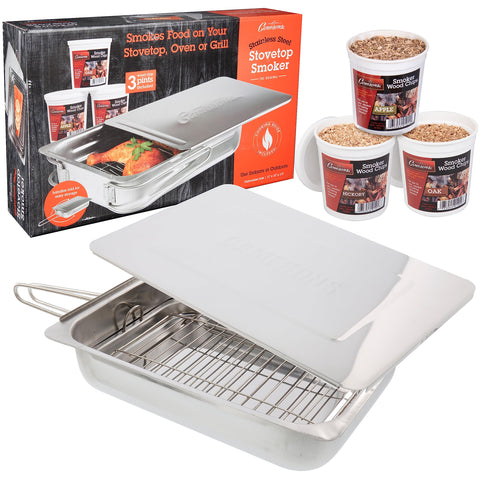 Camerons Original Stovetop Smoker on the stove for quick, flavorful smoked meals.