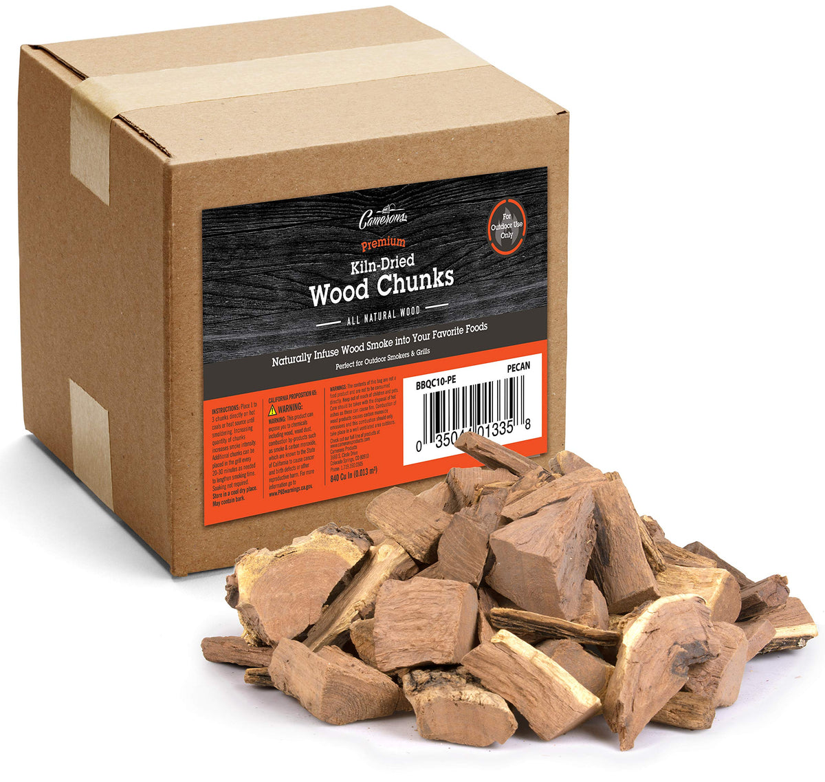 Camerons pecan wood chunks bag front ready for quick lighting and smoke.