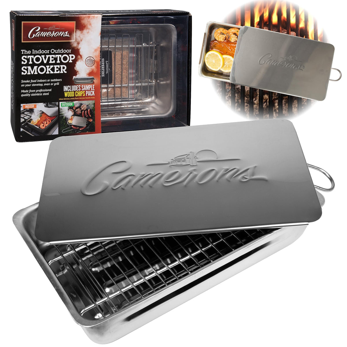 Camerons stovetop smoker assembly with rack and drip pan ready for smoky meals