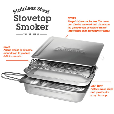 Camerons stovetop smoker on kitchen stove enabling easy indoor smoking.