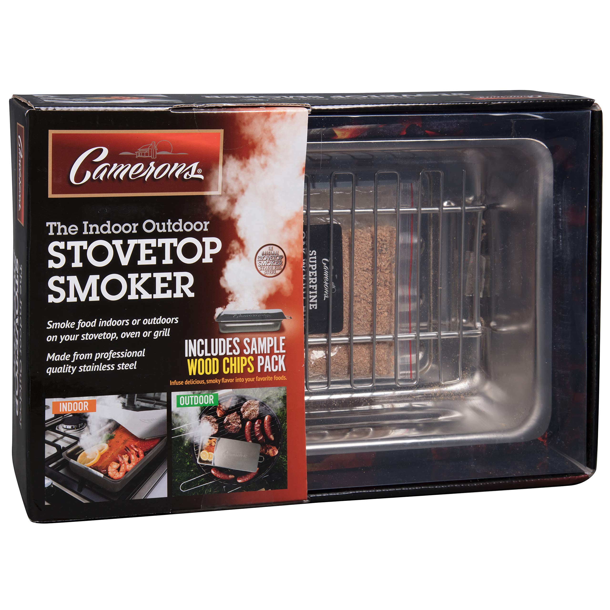 Camerons stovetop smoker mounted on a grill for outdoor cooking