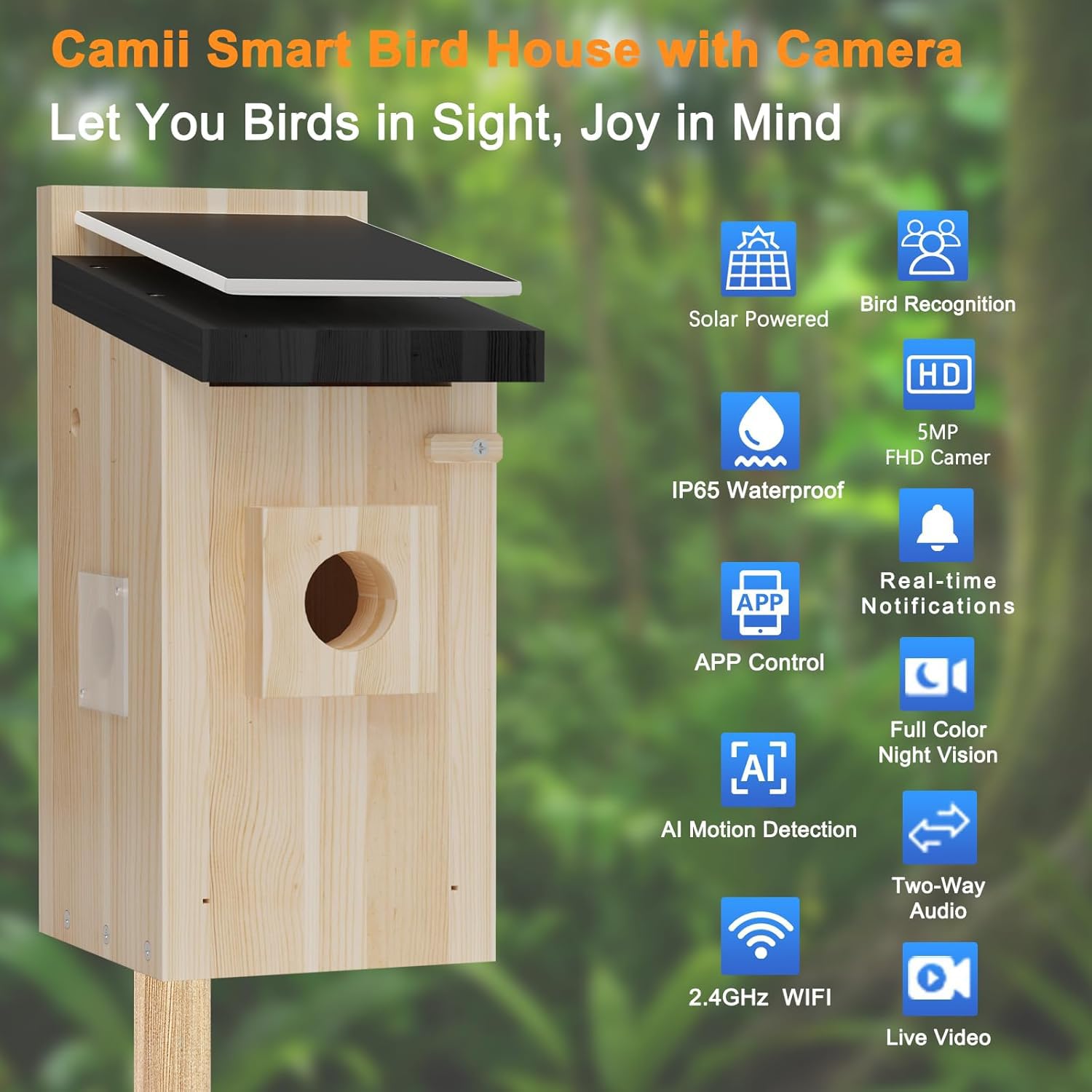 Camii solar panel integrated on outdoor bird house for continuous power