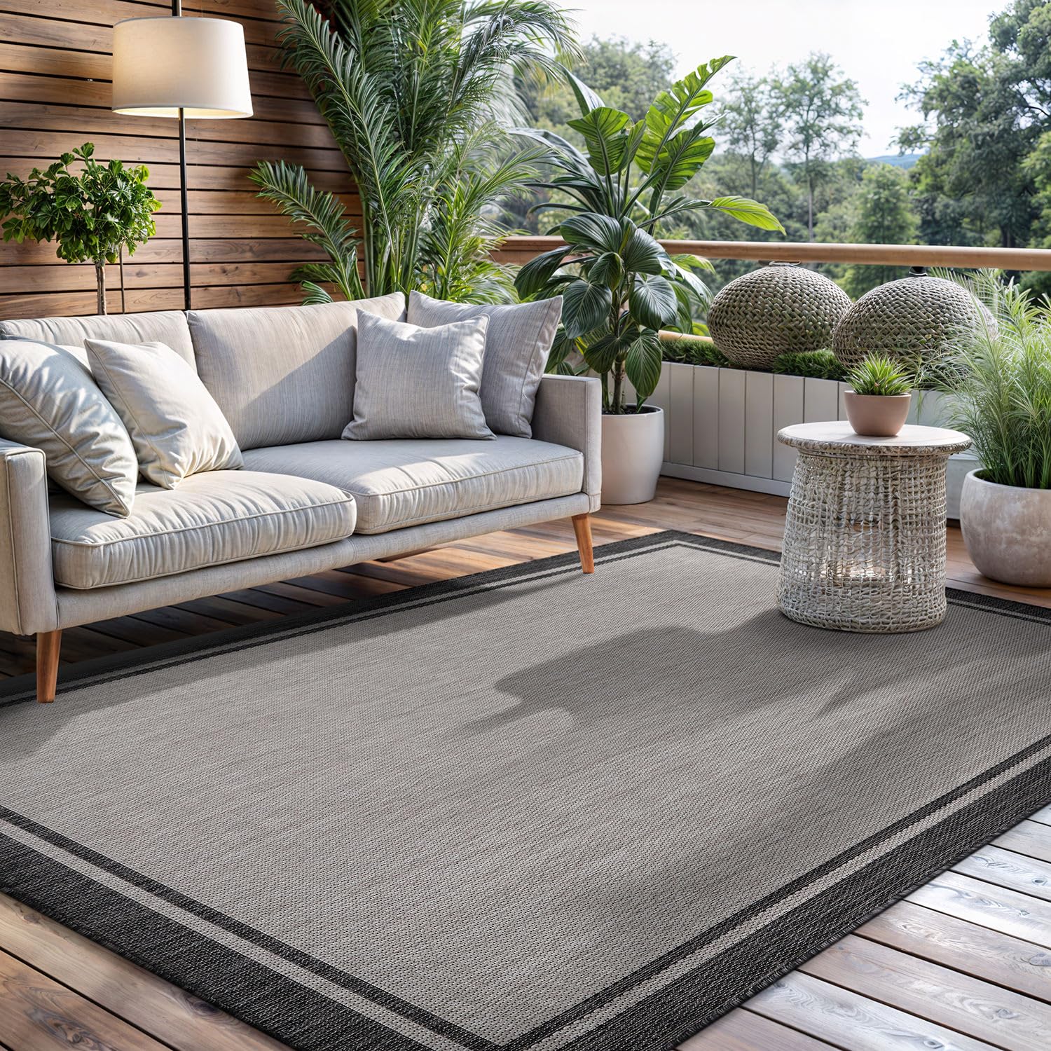 CAMILSON bordered grey 5x7 rug texture ideal for indoor outdoor spaces