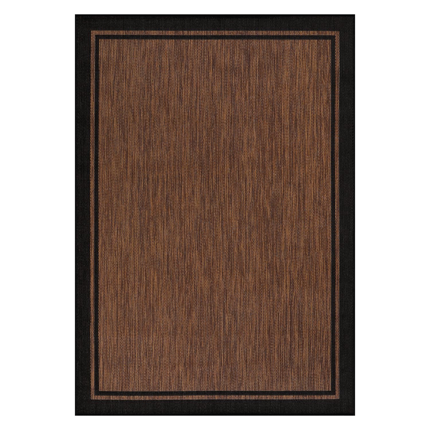 CAMILSON modern rug on outdoor patio with nut brown and black border