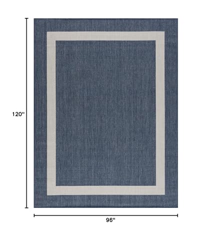 CAMILSON 8x10 outdoor rug by beach entrance with blue-white border, easy to clean after sand.