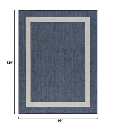 CAMILSON 8x10 outdoor rug by beach entrance with blue-white border, easy to clean after sand.