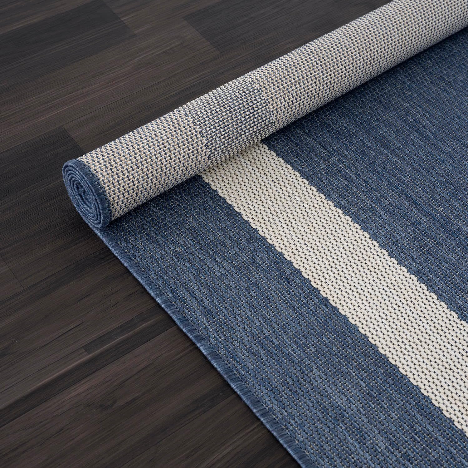 CAMILSON 8x10 wash-and-go rug with blue-white border, simple hose clean.