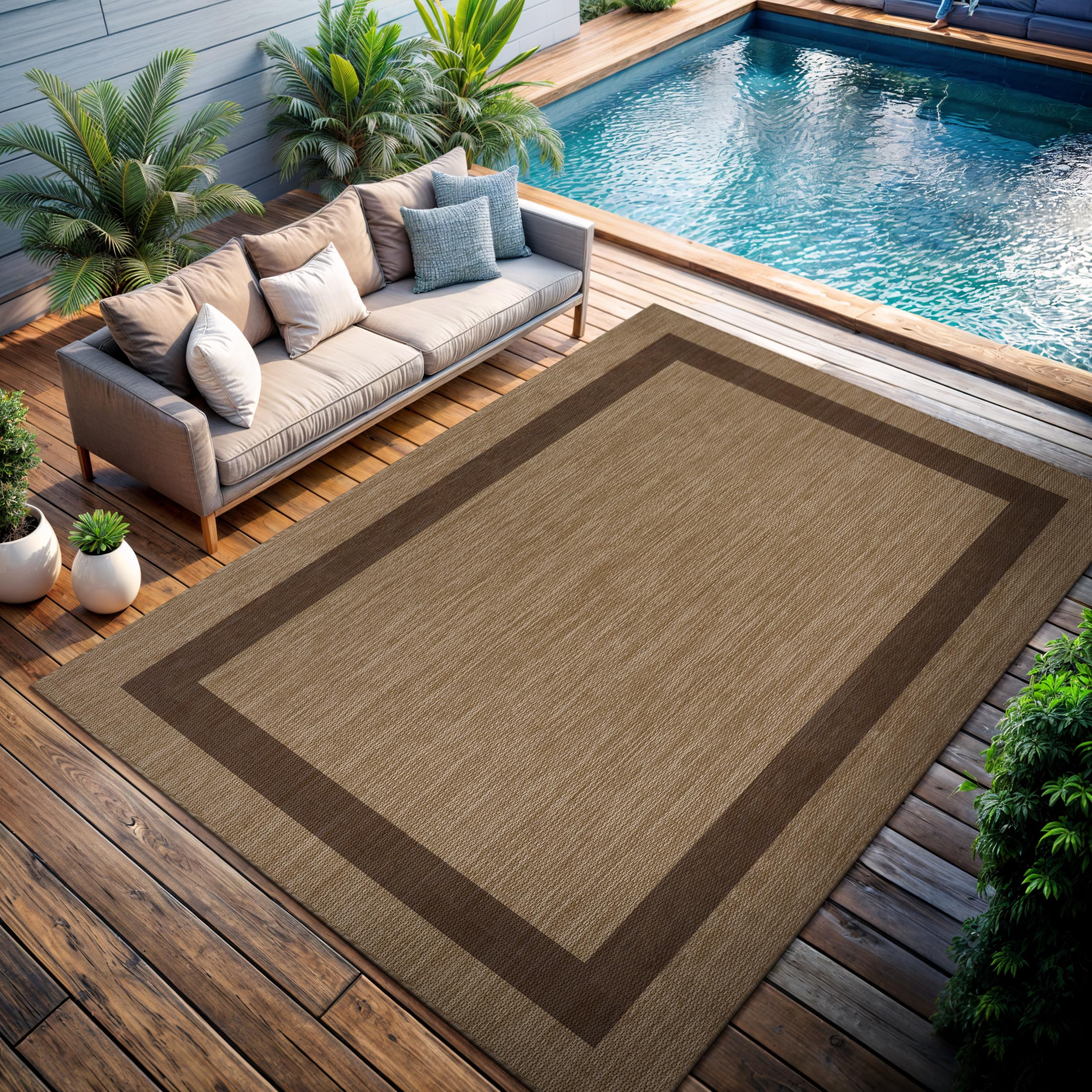 CAMILSON outdoor rug 8x10 bordered jute grey texture ideal for outdoor patios and easy cleaning