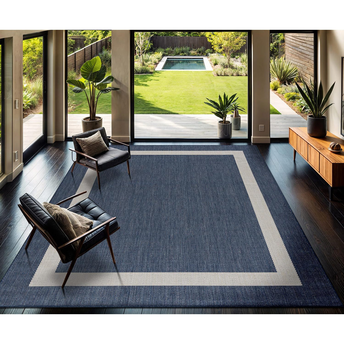 CAMILSON outdoor rug 9x12 with blue-white border for stylish, easy-clean patios.