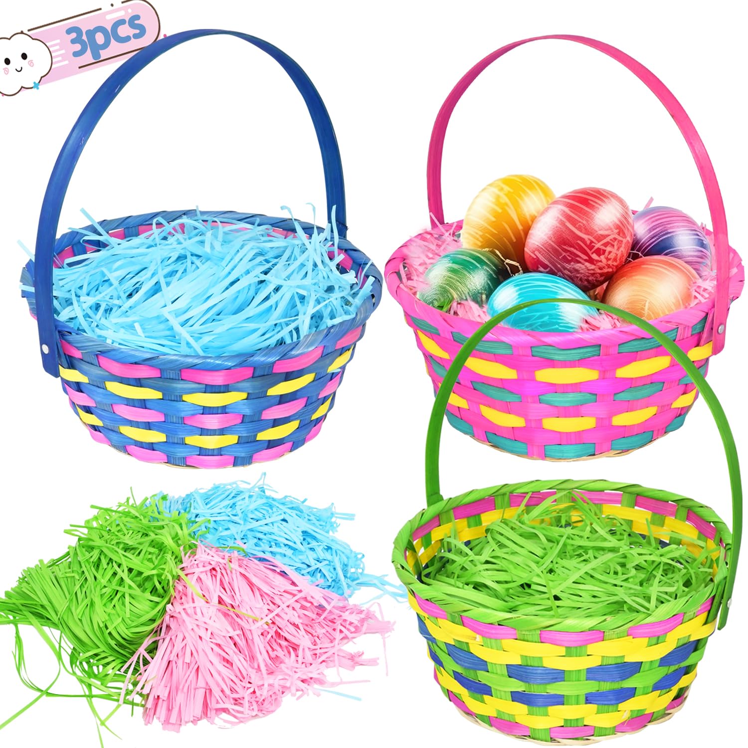 CAMIRUS 3Pack Easter Woven Baskets with sturdy handles for easy egg collection.