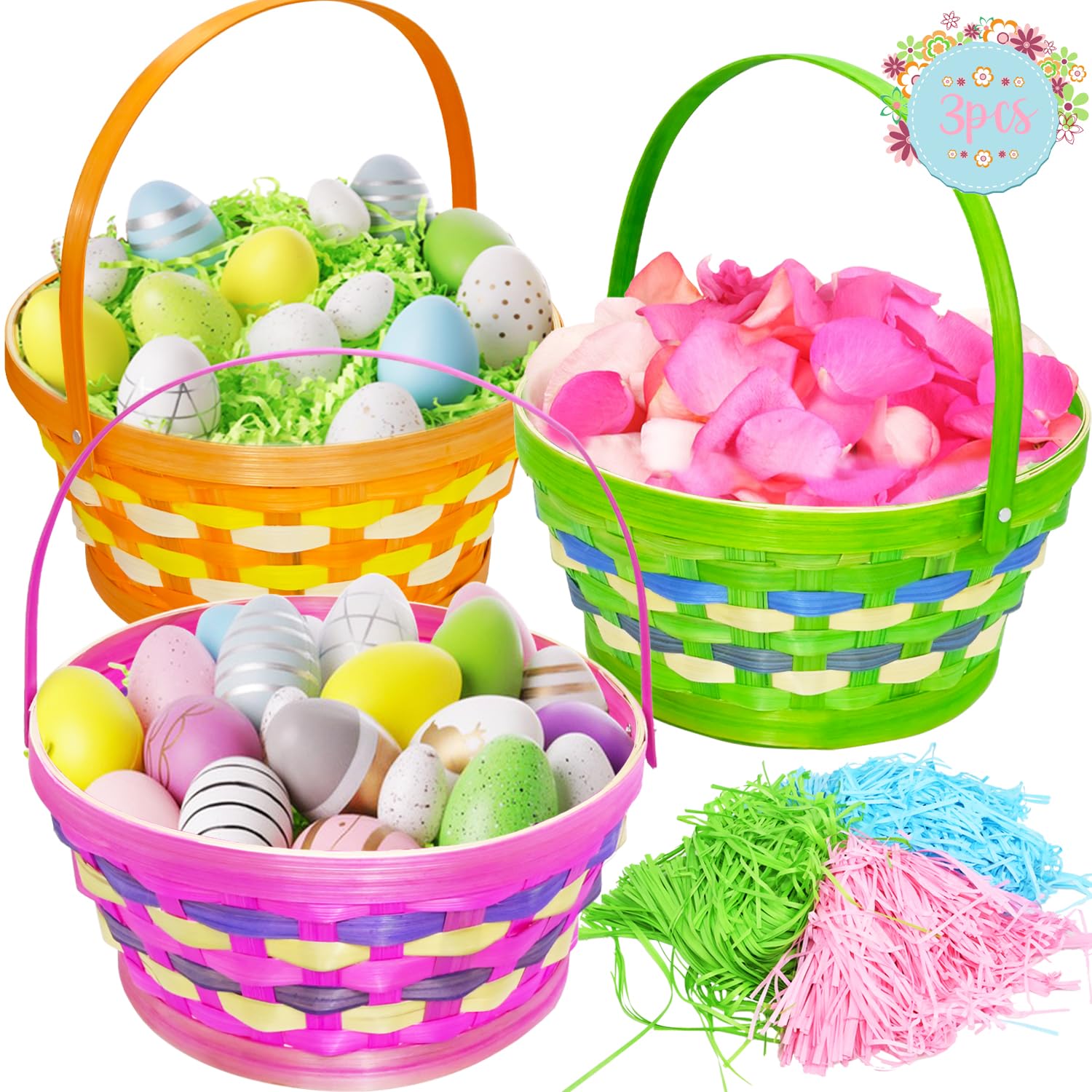 CAMIRUS Easter plaid round basket in three colors for egg hunts and treats.