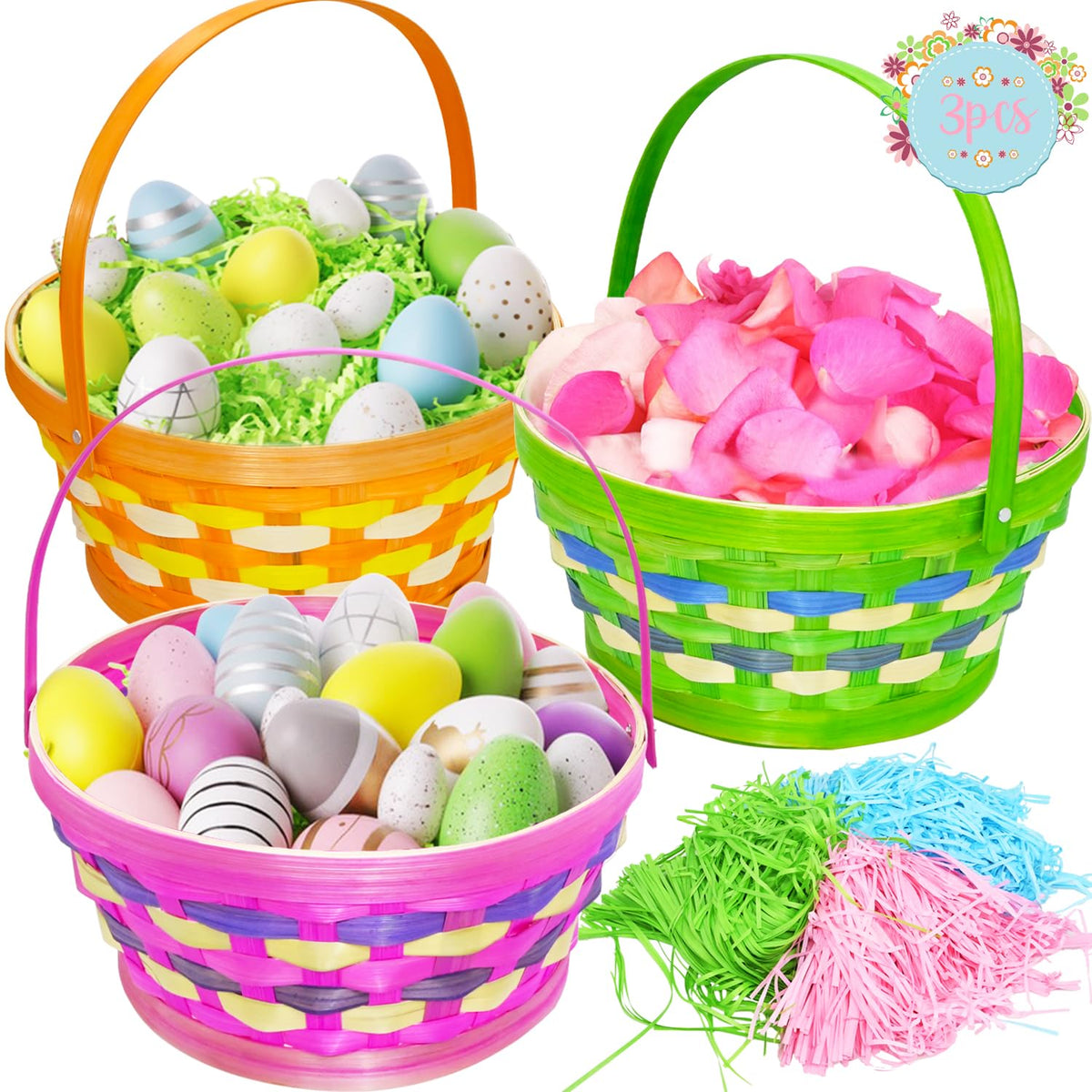 CAMIRUS Easter plaid round basket in three colors for egg hunts and treats.
