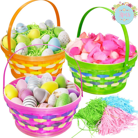 CAMIRUS Easter plaid round basket in three colors for egg hunts and treats.
