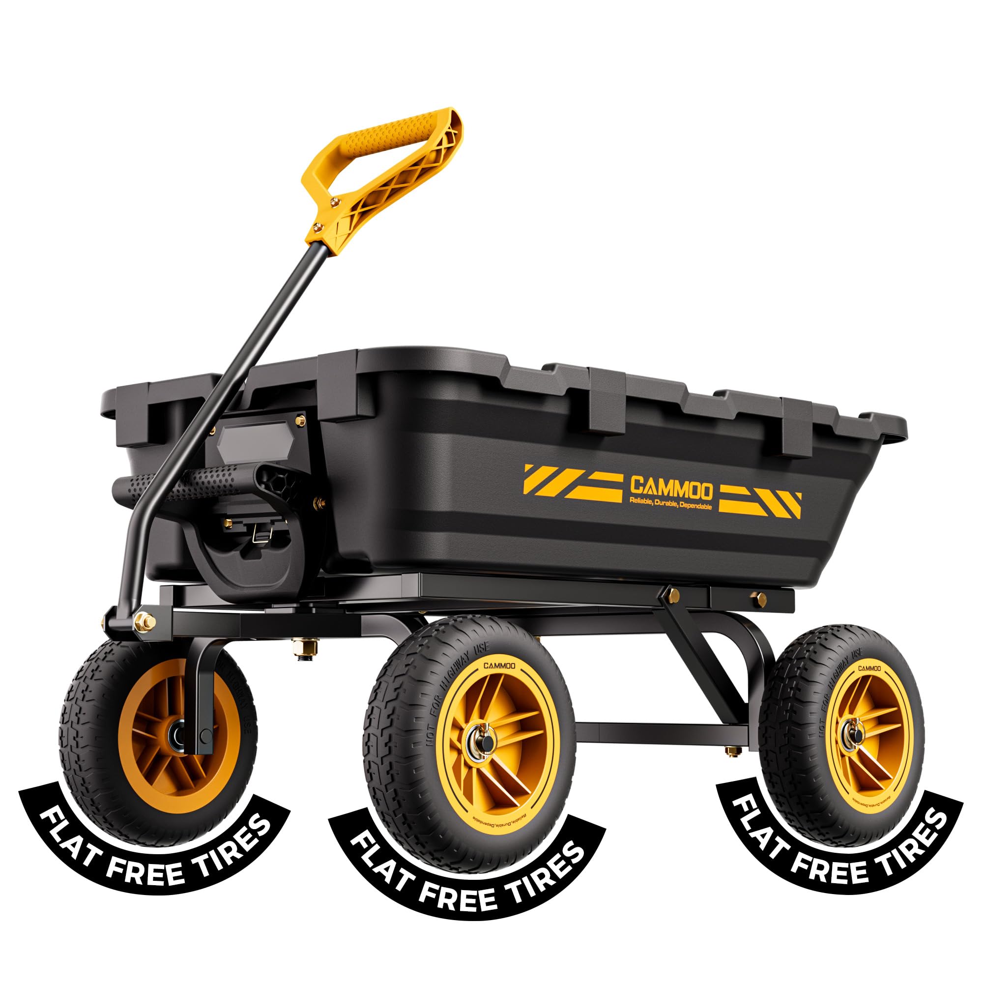 CAMMOO 10in no-flat tires front view showing grip on uneven ground for outdoor hauling
