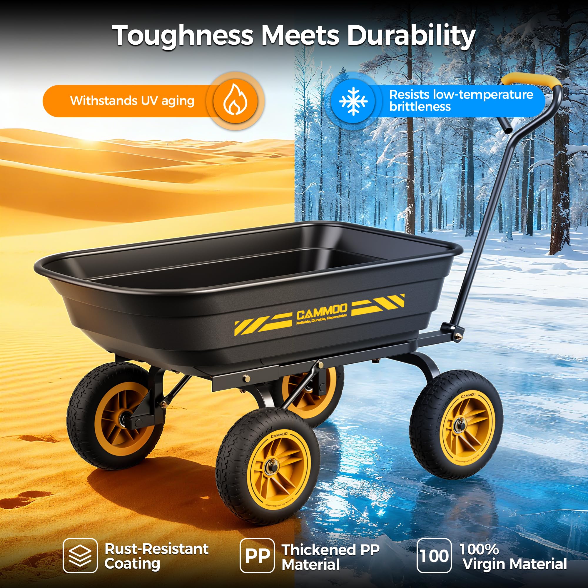 CAMMOO 600 lb capacity badge on cart indicating durability for heavy loads
