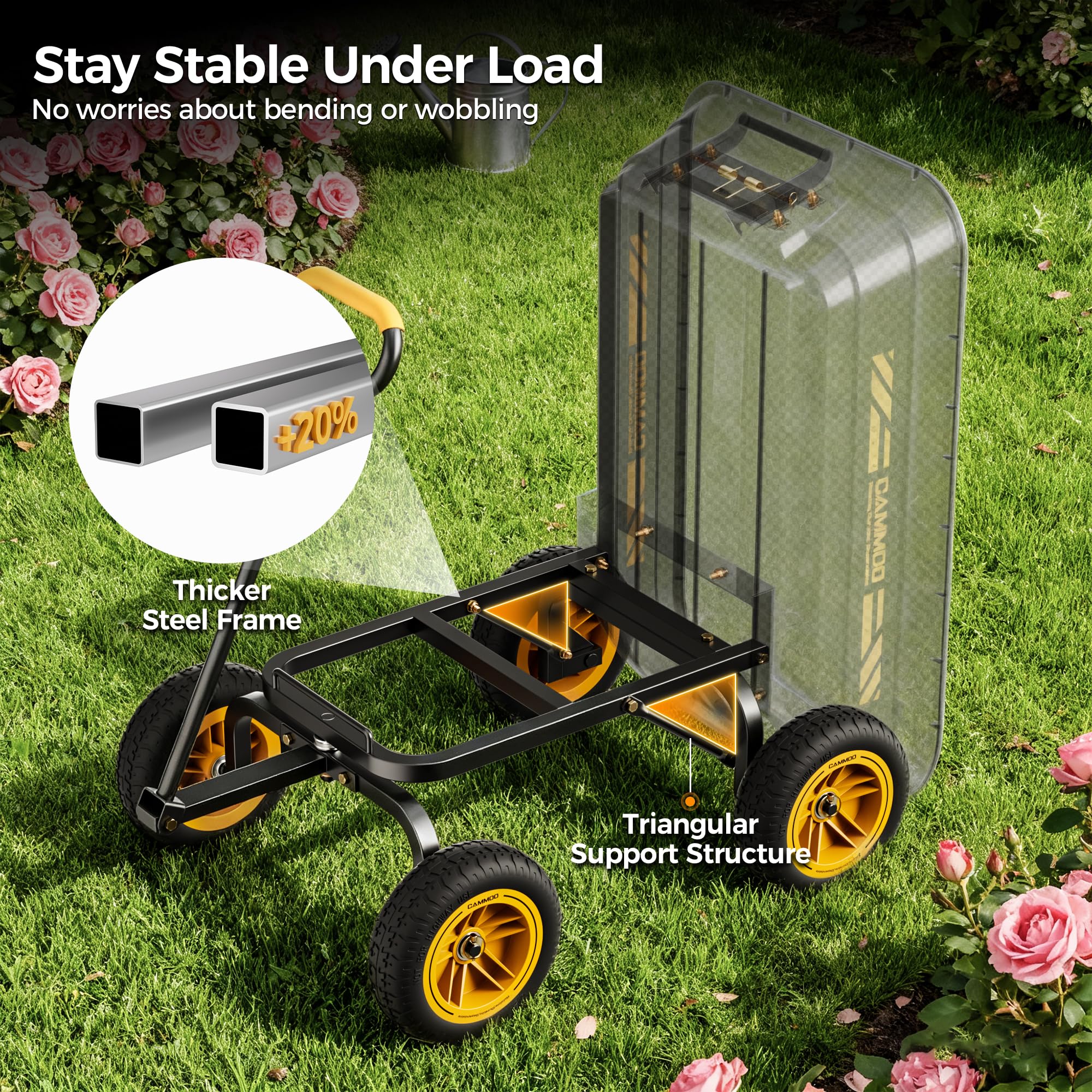 CAMMOO bed with ridges demonstrating strength and capacity for mulch, soil, or debris
