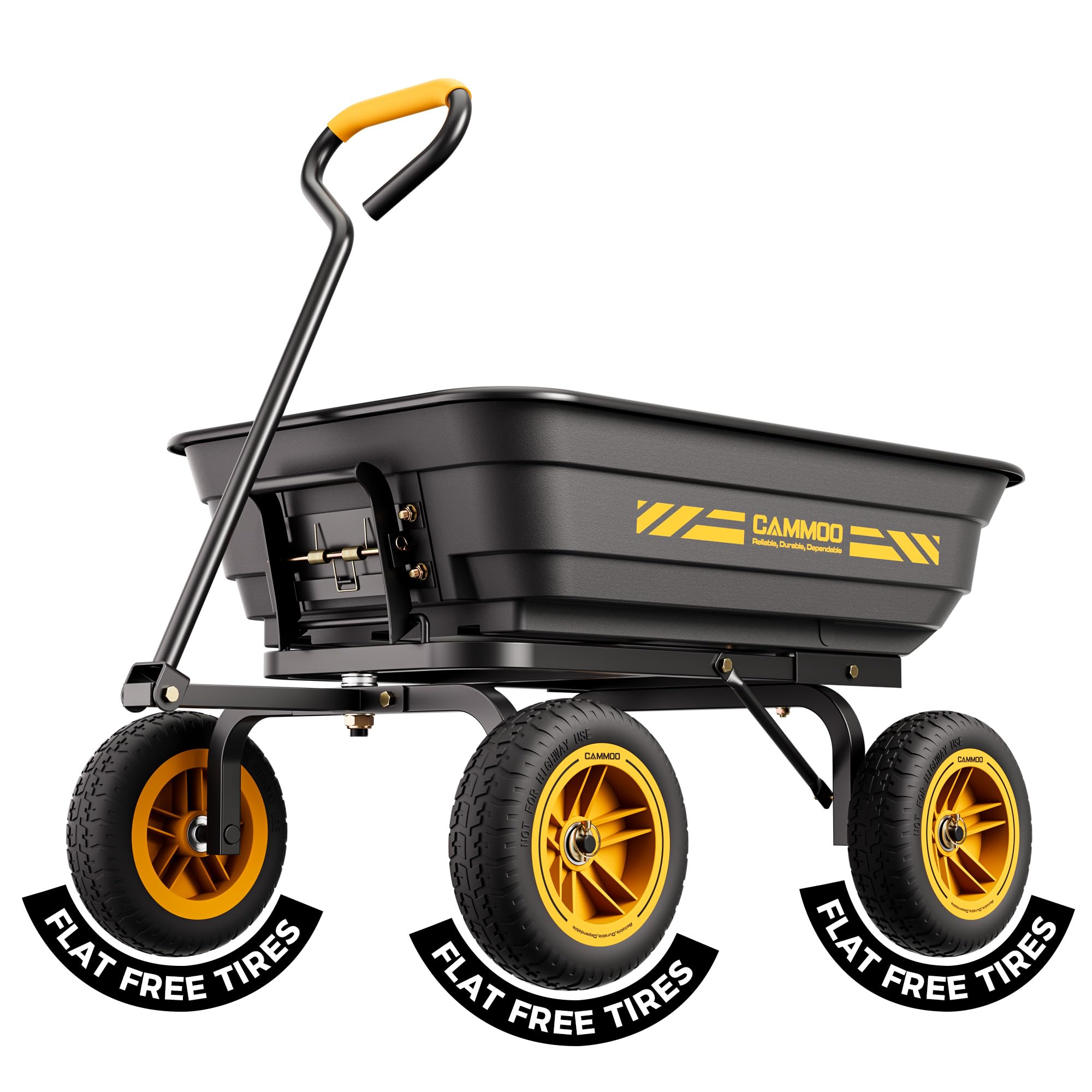 CAMMOO dump cart side view on lawn highlighting durable steel frame for heavy yard tasks