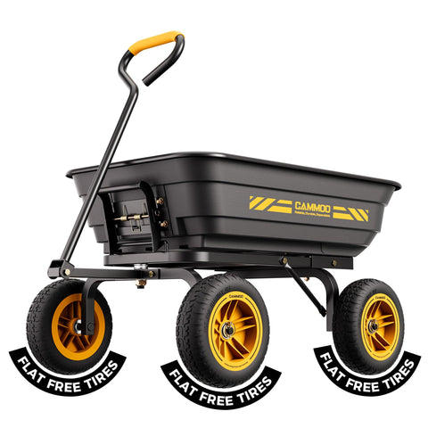 CAMMOO dump cart side view on lawn highlighting durable steel frame for heavy yard tasks