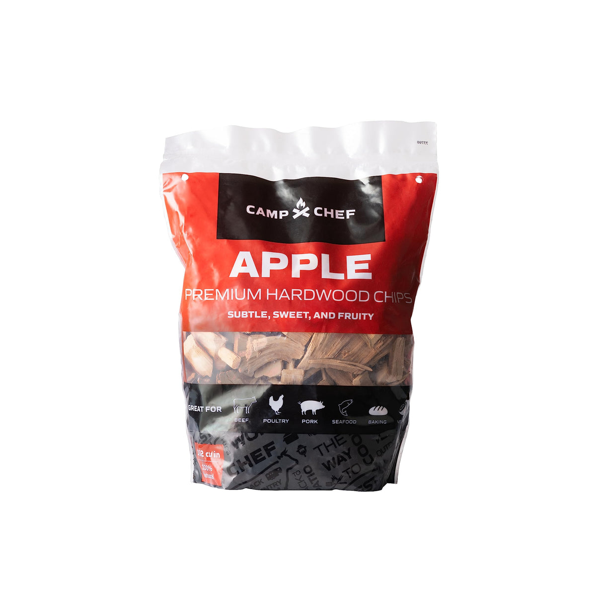 Camp Chef Apple wood chips bag for authentic hardwood smoke flavor.