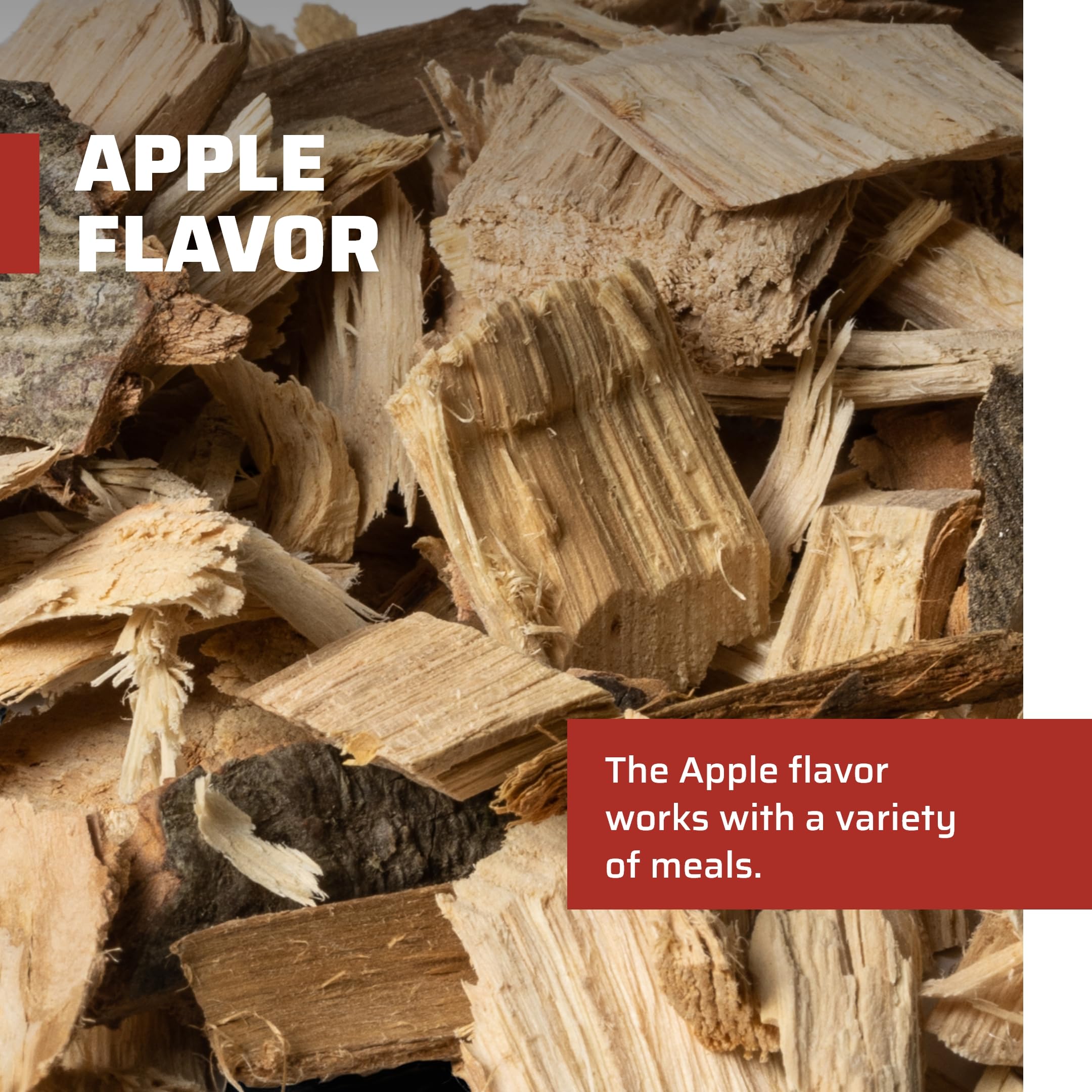 Camp Chef Apple wood chips close-up showing kiln-dried quality for fast lighting.
