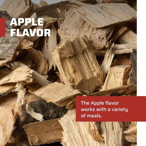 Camp Chef Apple wood chips close-up showing kiln-dried quality for fast lighting.
