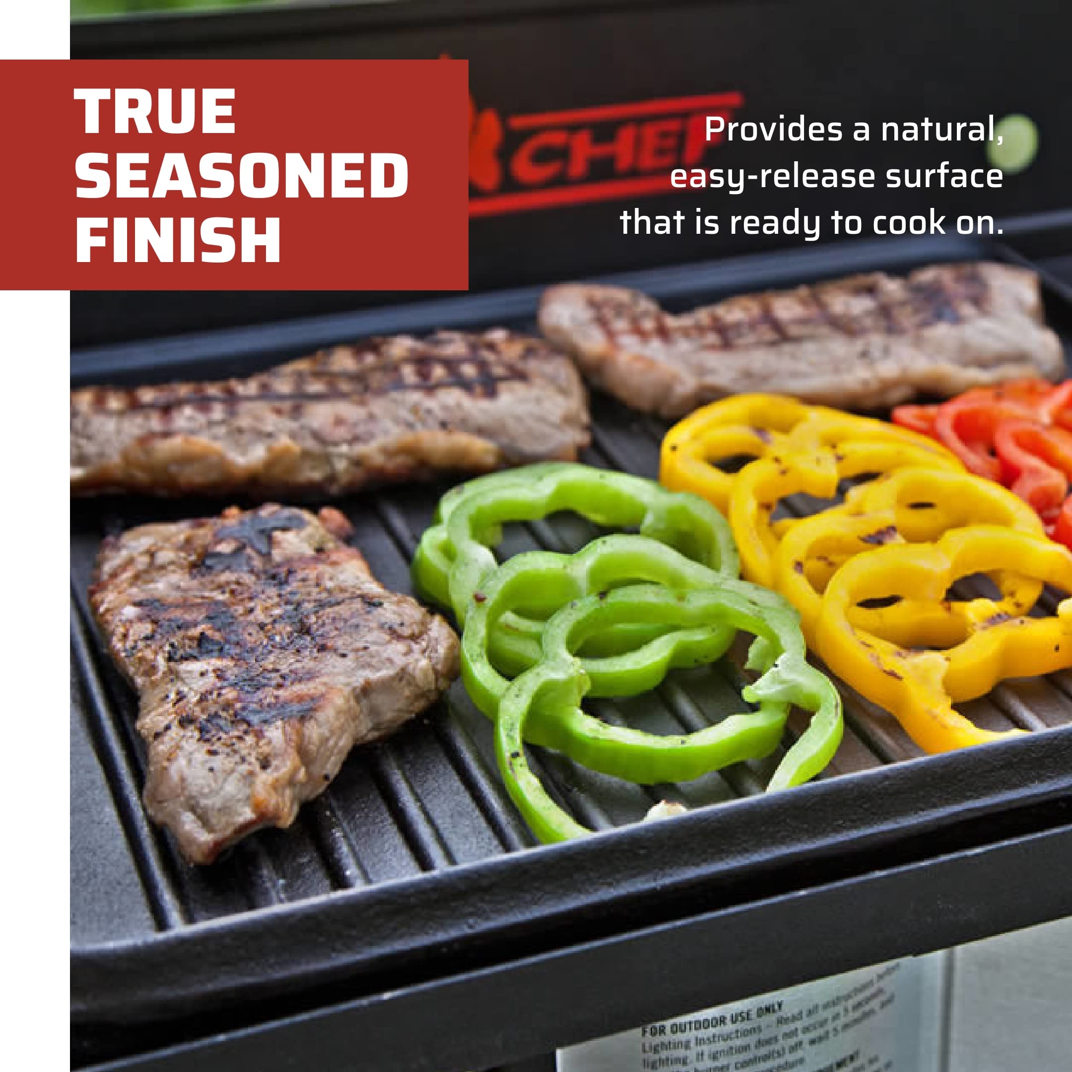 Camp Chef cast iron griddle covering one burner on blue flame