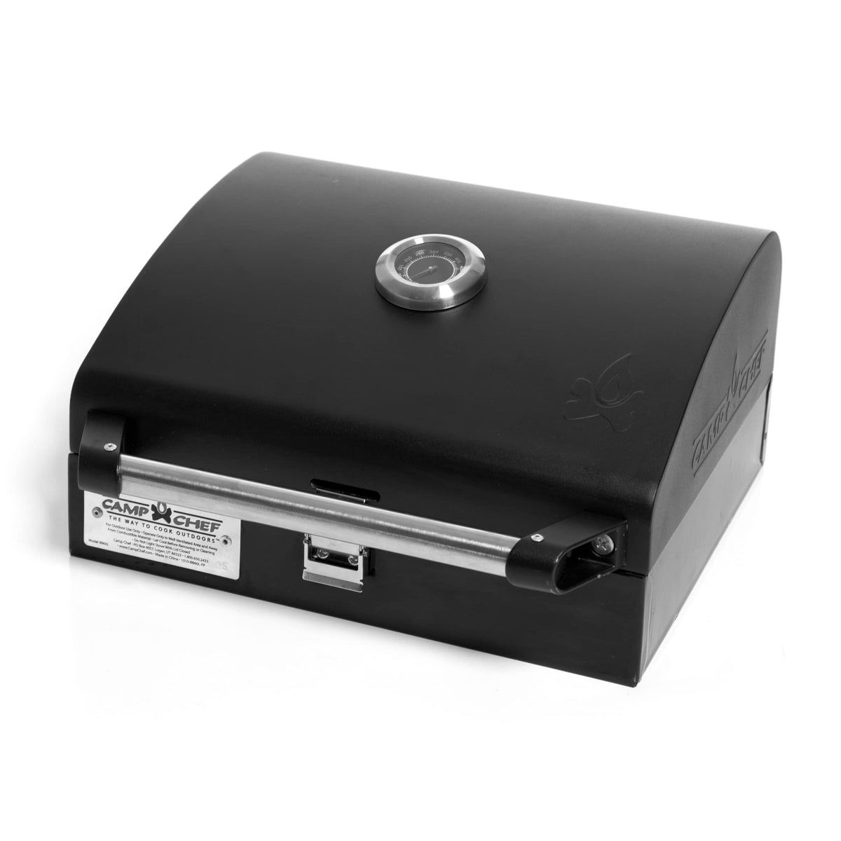 Camp Chef Deluxe BBQ Grill Box on a stove showing single-burner setup for outdoor cooking