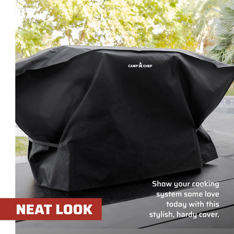 Camp Chef logo visible on cover signals durable, ready-for-backyard grilling protection