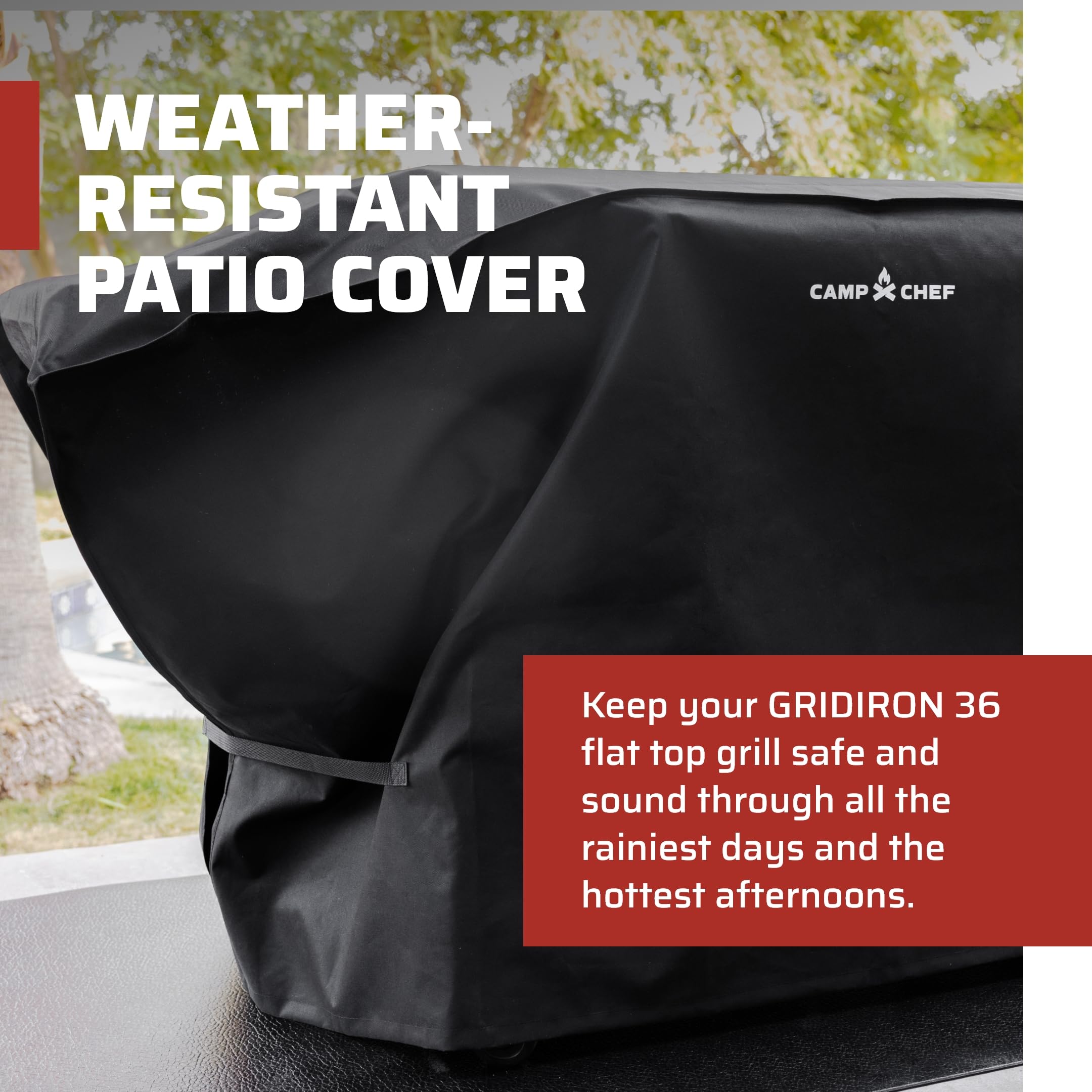 Camp Chef Gridiron 36 cover side view shows wind-resistant design for secure fit
