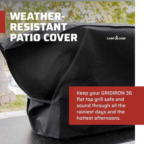 Camp Chef Gridiron 36 cover side view shows wind-resistant design for secure fit