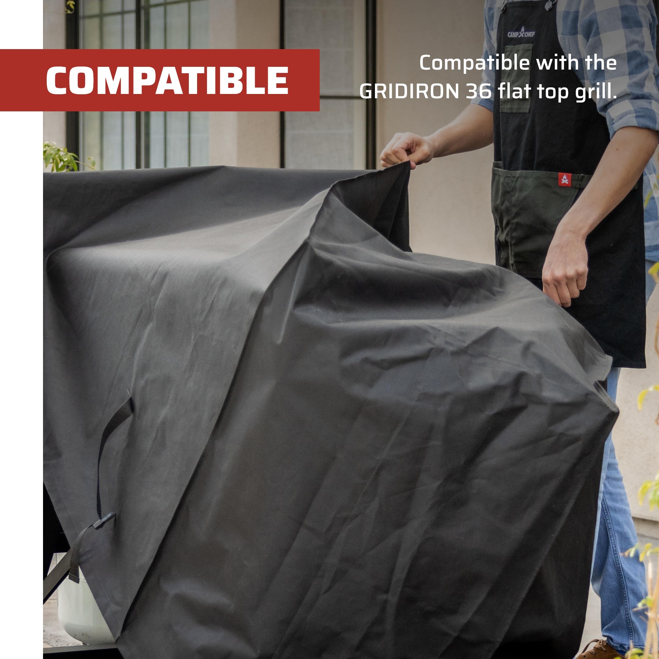 Camp Chef Gridiron 36 patio cover fabric closeup highlights heavy-duty 600D polyester