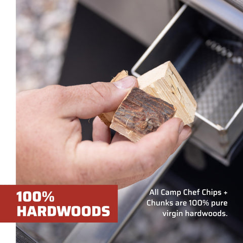 Camp Chef outdoor cooking scene with Apple wood chips enhancing meals.