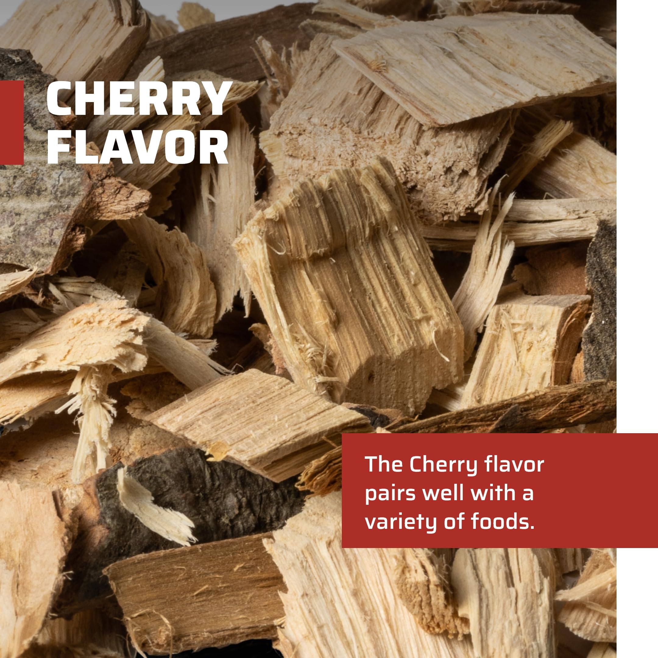 Camp Chef Premium Hardwood Chips cherry closeup highlights wood texture for rich smoke.