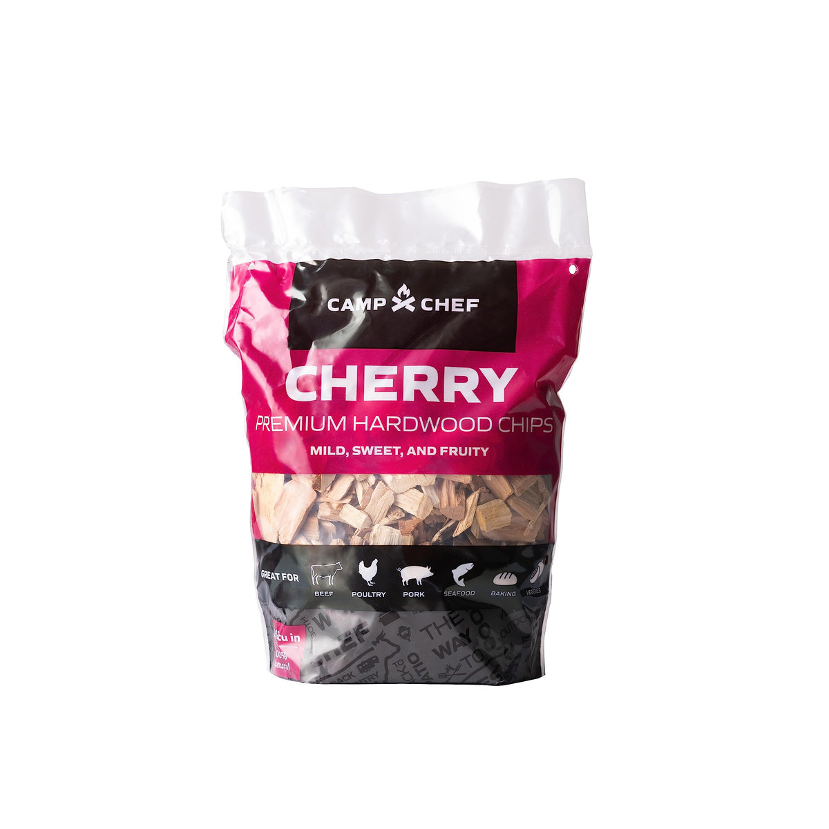 Camp Chef Premium Hardwood Chips cherry package enhances authentic smoke flavor.