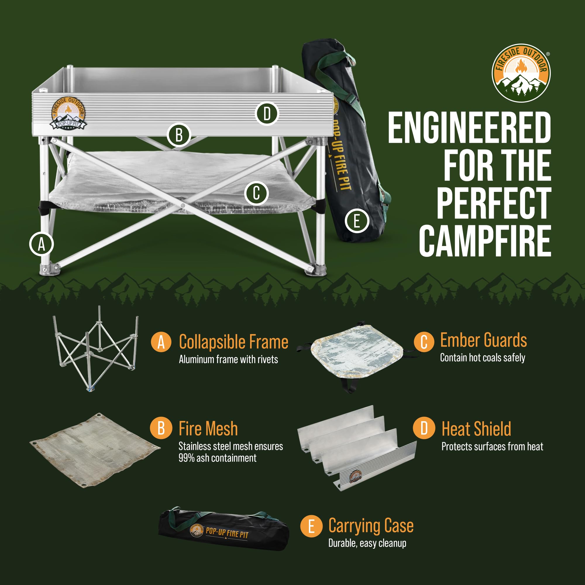 Campfire Defender 24-inch fire pit setup shown, quick assembly in under a minute.