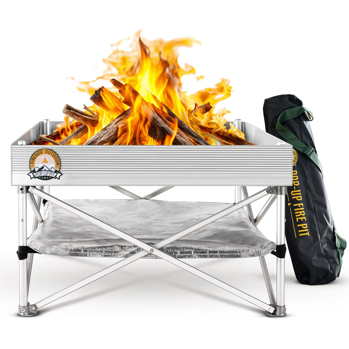 Campfire Defender fireside portable fire pit assembled for outdoor gatherings with bright flames.