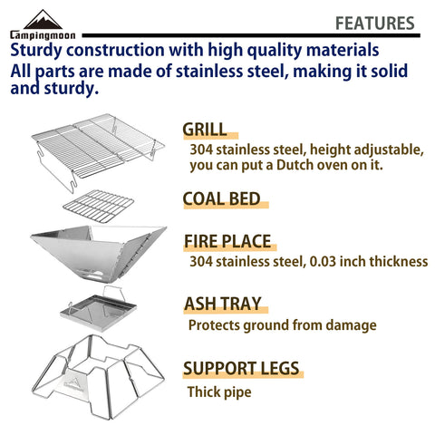 Camping Moon MT-2 adjustable-height grill lets you control heat precisely.
