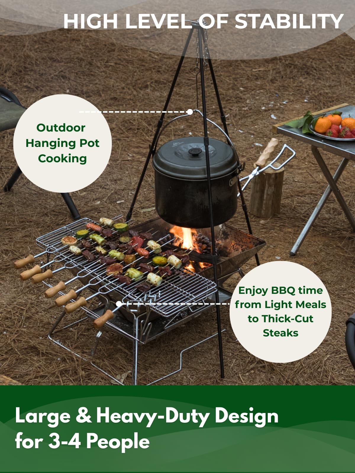 CampingMoon MT-3 grill grate 2-level in use for adjustable cooking