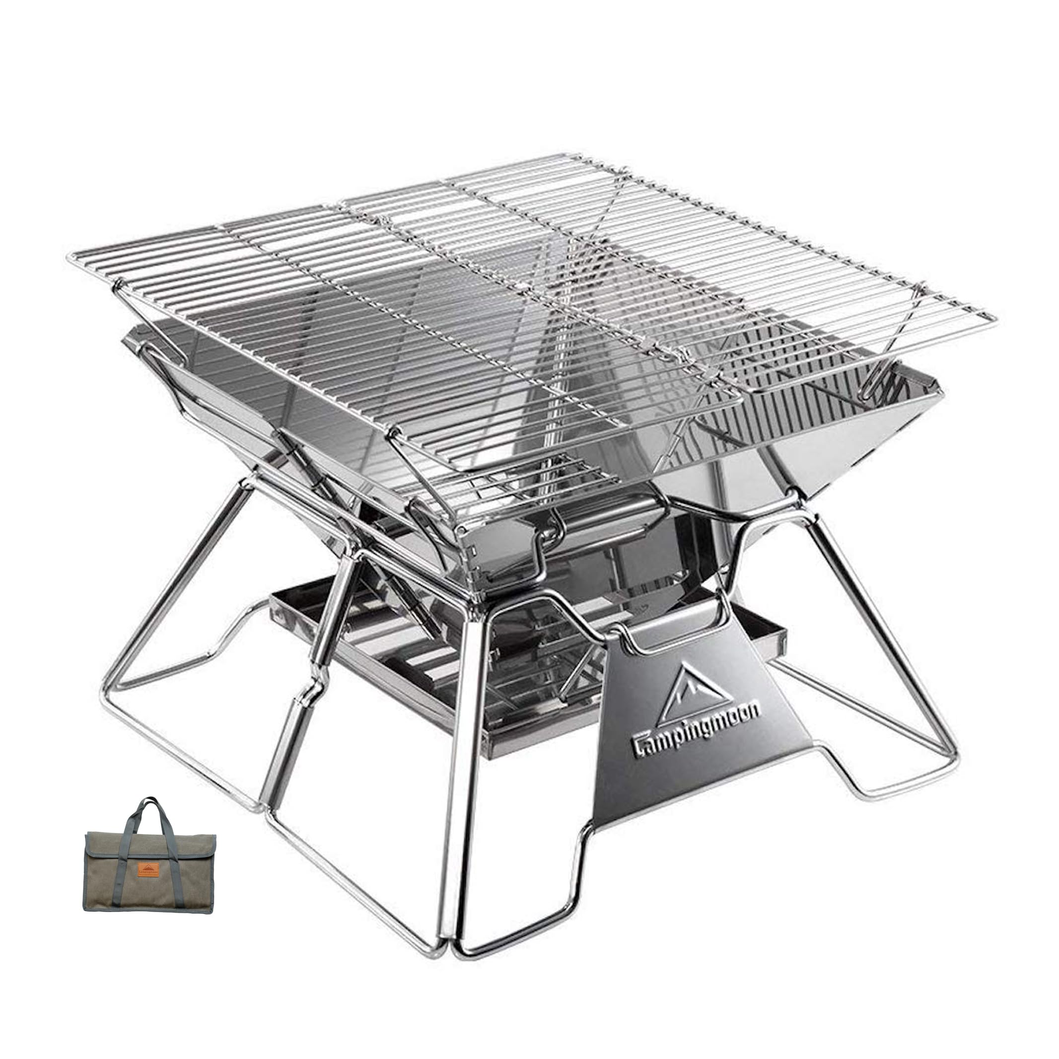 Camping Moon MT-2 portable campfire grill assembled for quick outdoor cooking.