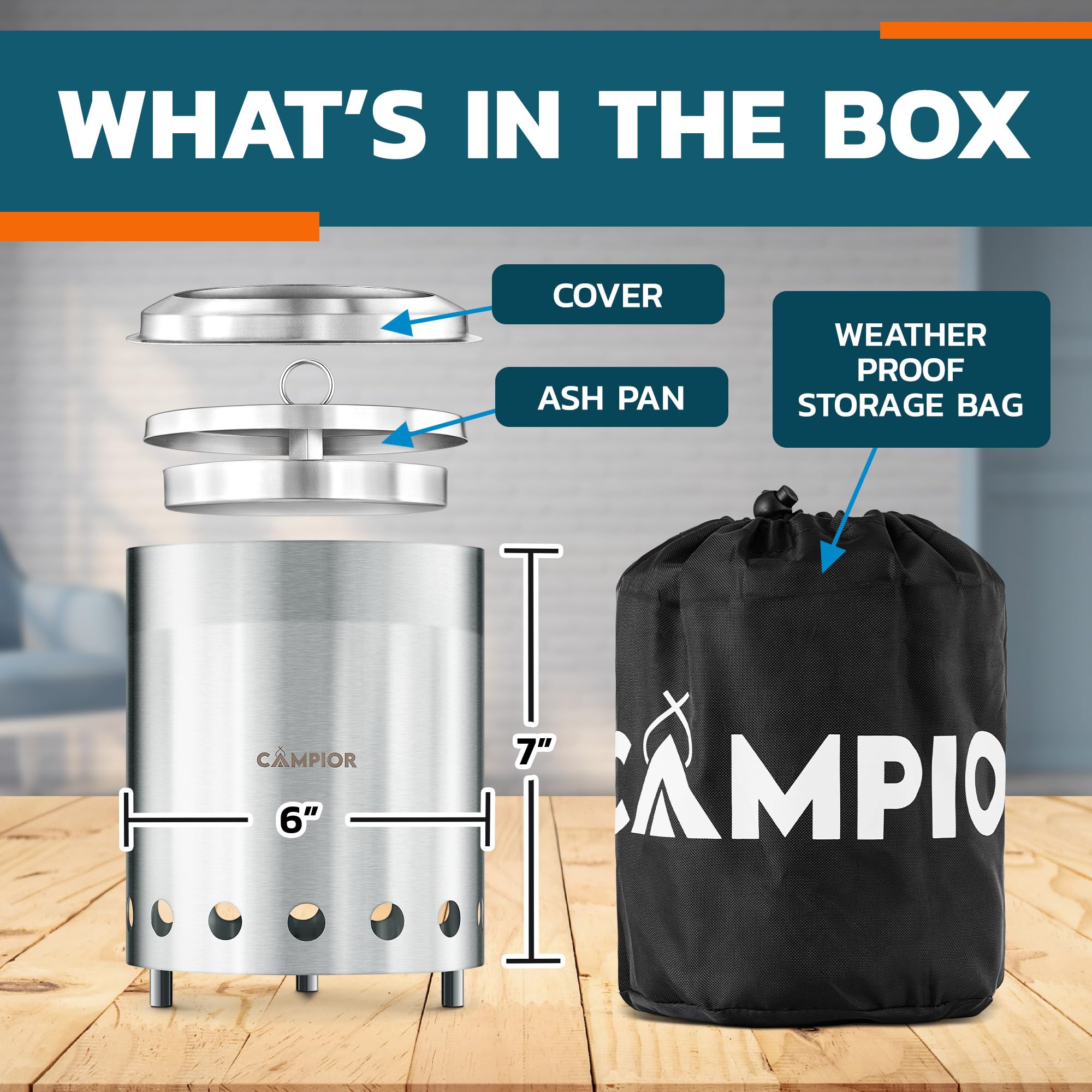 Campior Fire Pit Stove top view highlighting 360° airflow design.