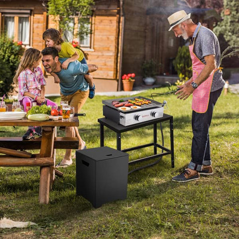 CAMPLUX tank storage box in black stainless steel shows a side view for durability.