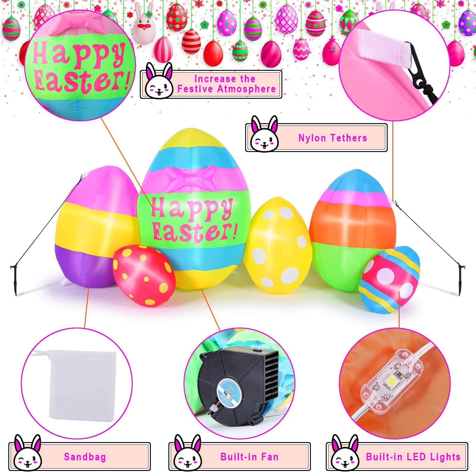 Camuland Easter inflatable secured on soft lawn with stakes.