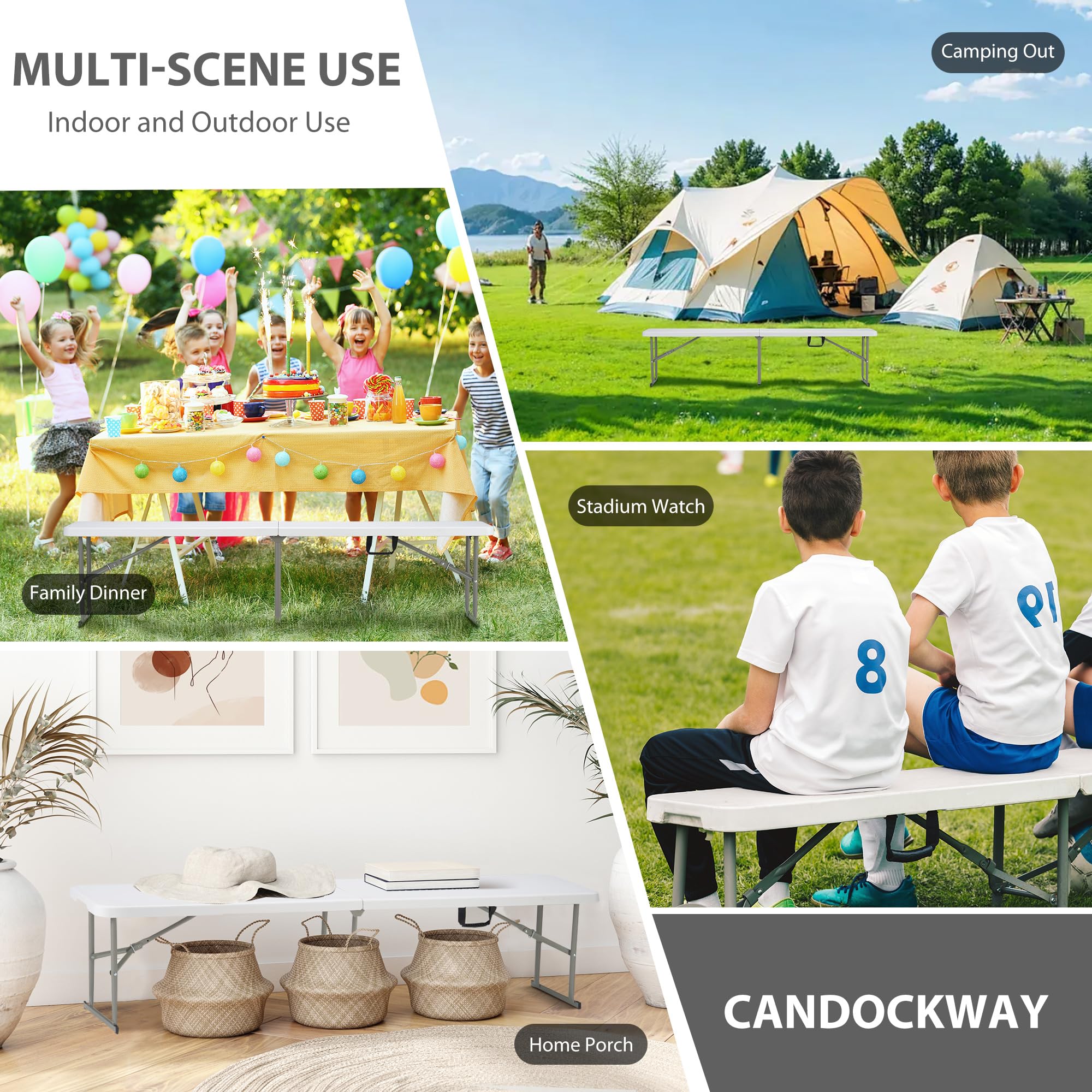 Candockway 6ft folding bench fits in car trunk for transport.