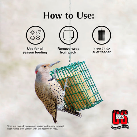 C&S High Energy Suet feeder setup demonstrates easy year-round feeding.
