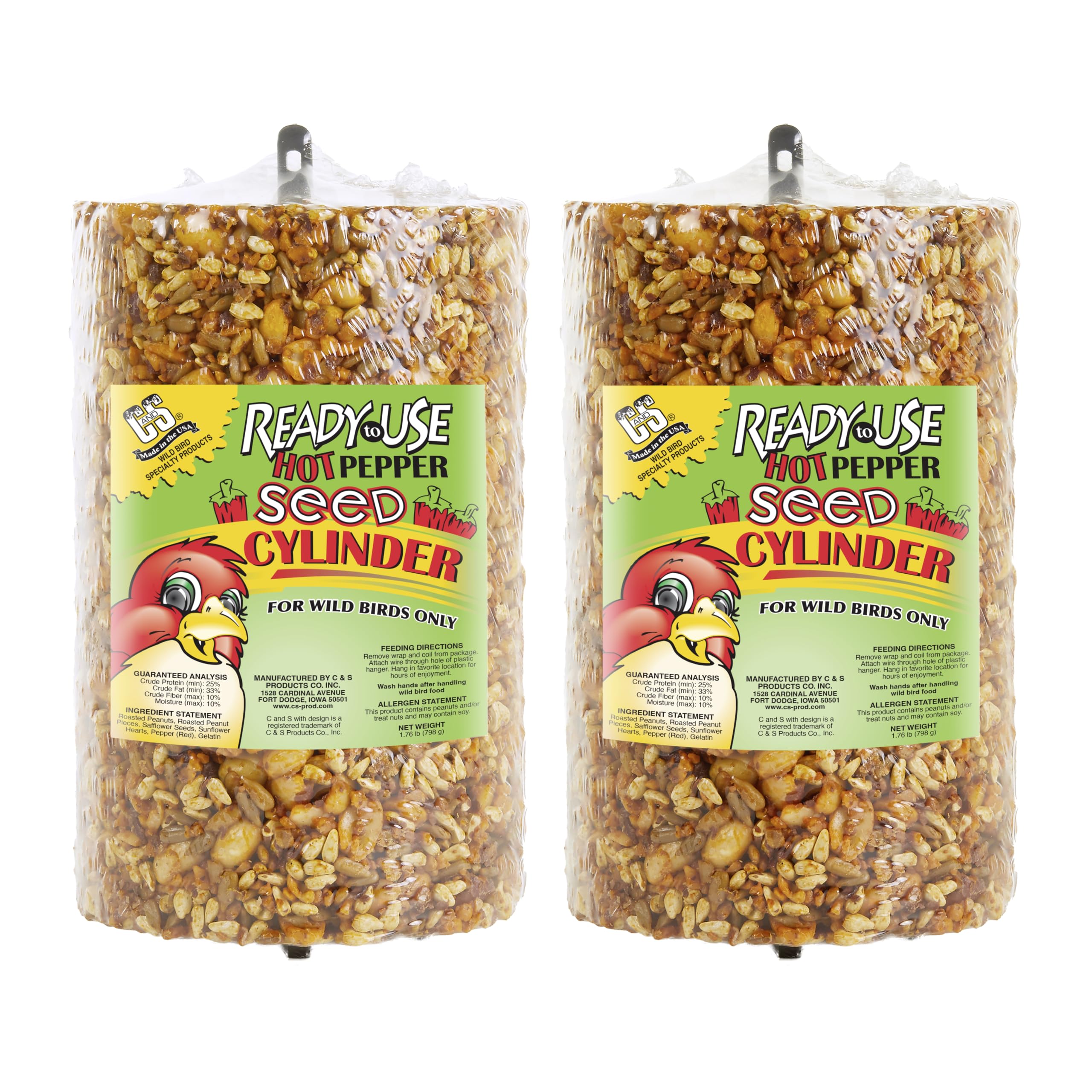 C&S hot pepper seed cylinder unwrapped and ready to hang for year-round feeding.